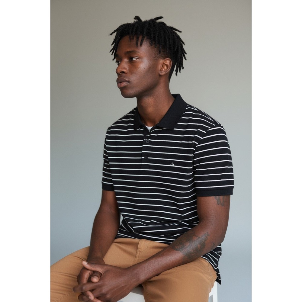 Rag & Bone Mens Striped Pique Polo Shirt Black White Short Sleeve Size L